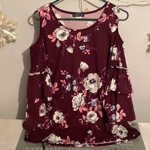 Long sleeve floral burgundy shirt with shoulders showing